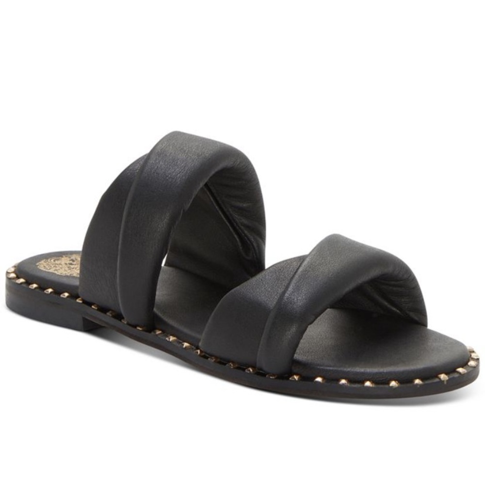 EUC Vince Camuto Palennie Black and Gold Studded Puffy Flat Sandals Size 10